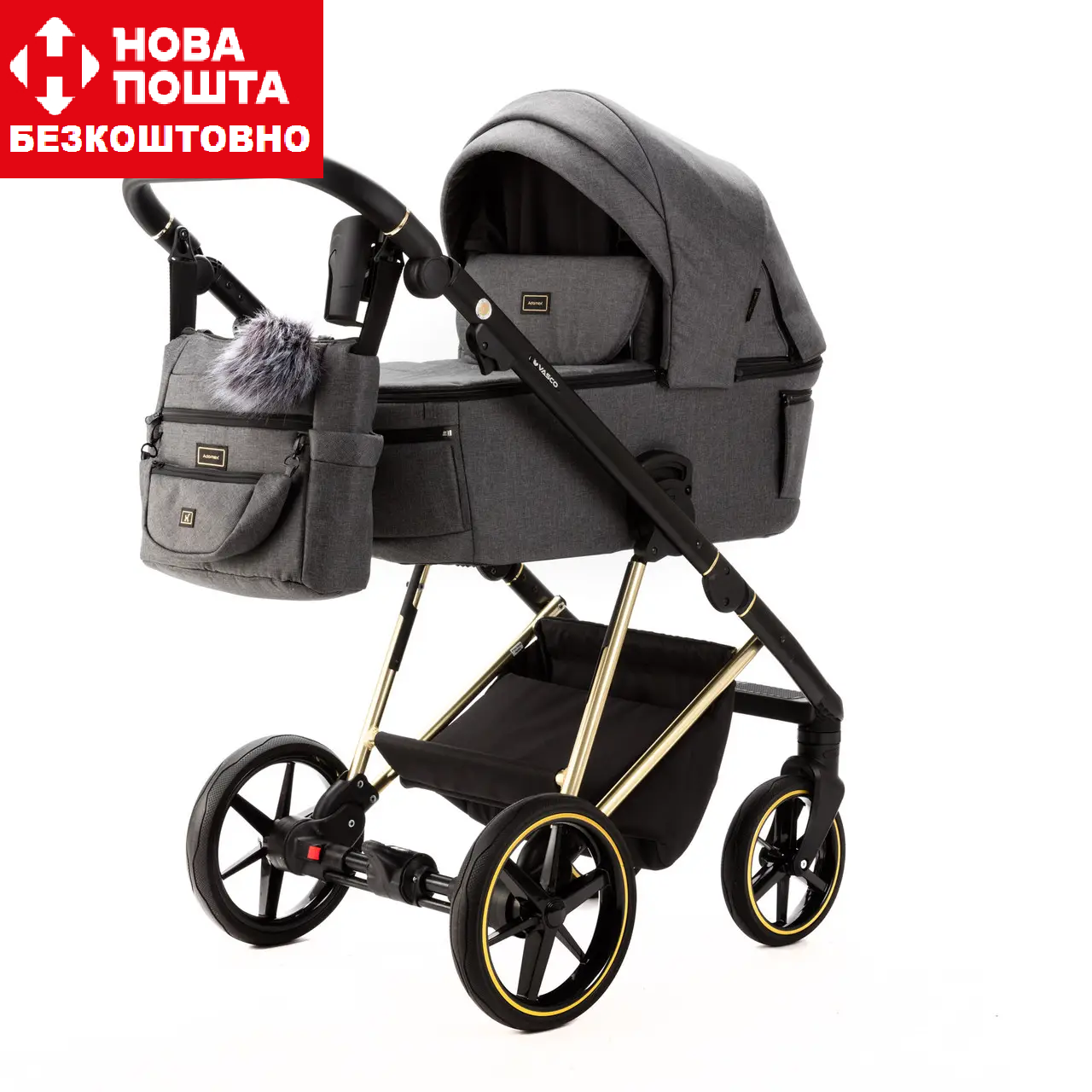 Коляска 2 в 1 Adamex Vasco TK-629 сіра тканина (золота рама)