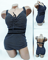 Черный сплошной женский купальник в белый горох на большую грудь, размер 66