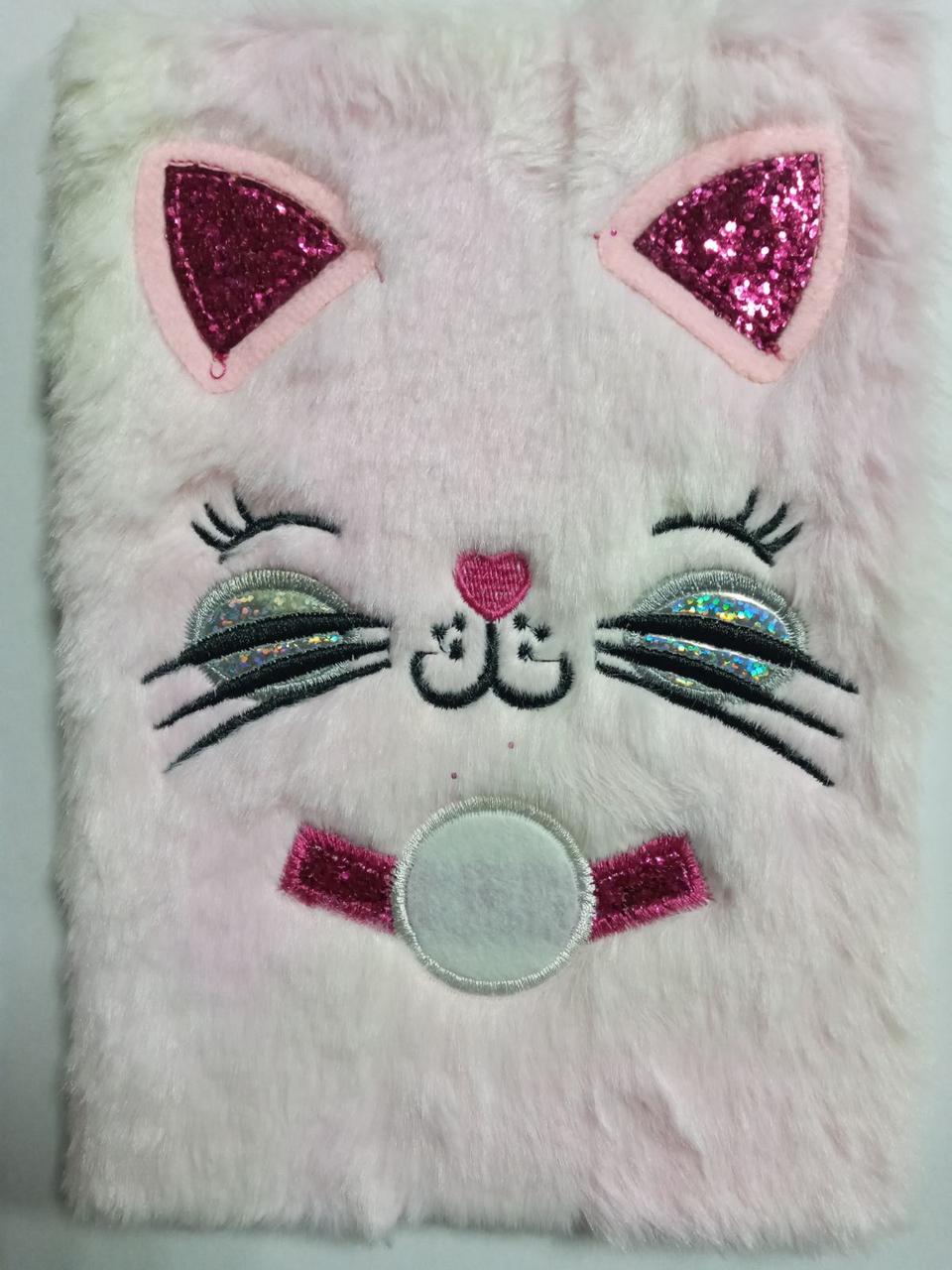 Блокнот А5 хутряний No4043 "Кошка з блискітками" у лінію, 80 л, мікс, фото 1