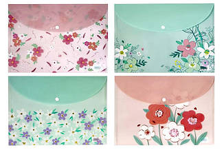 Папка-конверт А4 JL-D0015 "Квіти з фольгою" 170 мкр на кнопці, мікс квітів уп-12шт