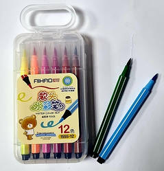 Фломастери NoАН-1555-12 кольорів "Aihao" з м'яким пензлем/пластиком. пенал