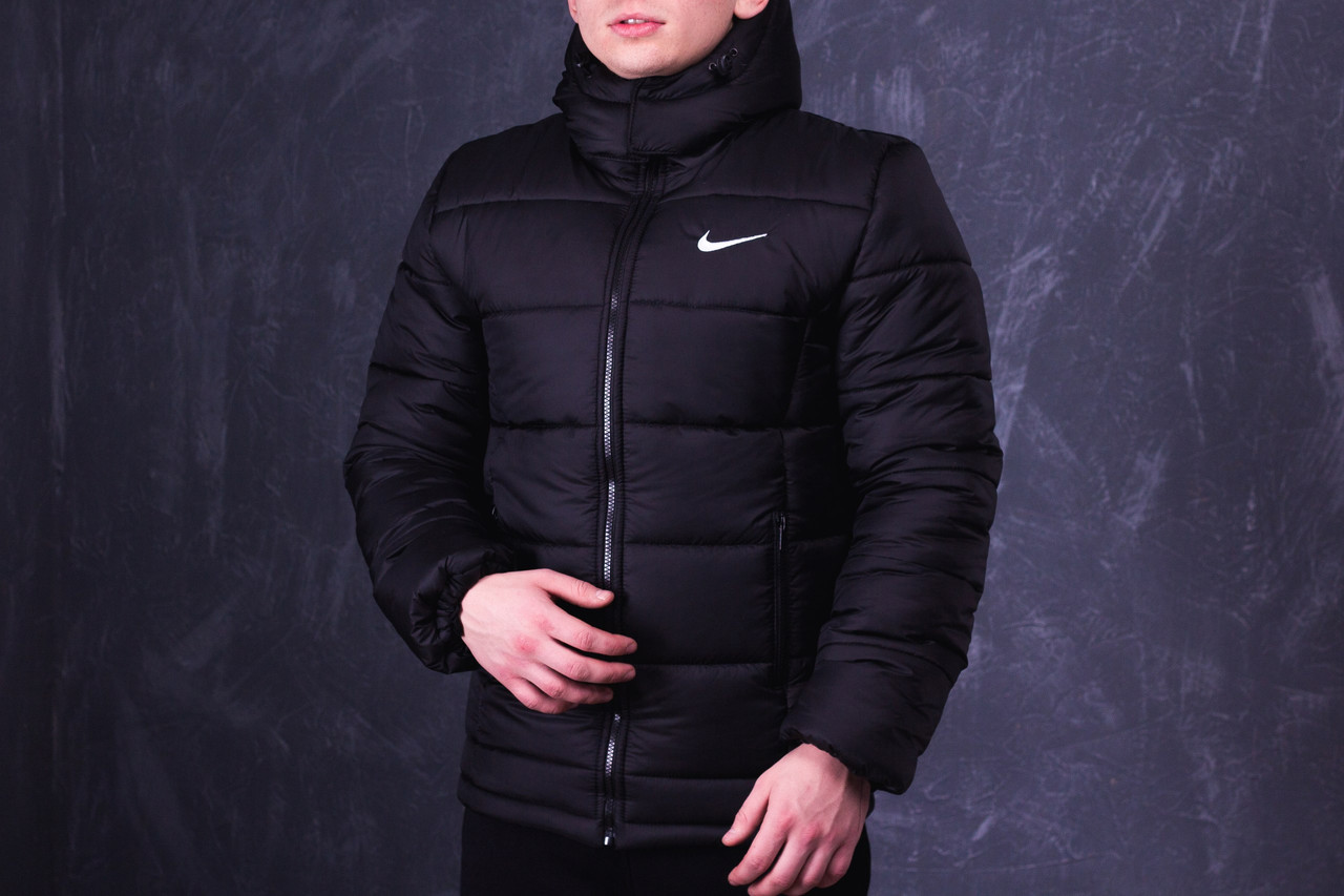 Чоловіча куртка зимова Nike до - 25°C тепла на флісі з капюшоном чорна пуховик найк