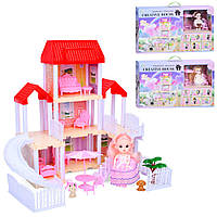 Будиночок 666-8V-3-9-11 3 поверхи, гірка, меблі, лялька (шарнірна), тварини, 3 види, світло, бат. (Табл.), Кор.