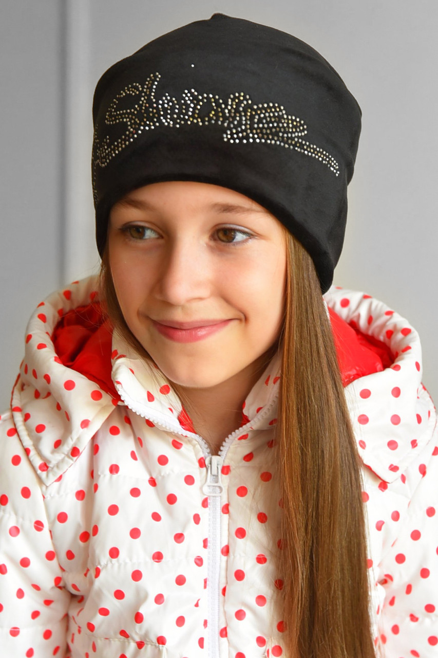 Шапка підліткова для дівчинки велюрова чорного кольору 182943M, фото 1