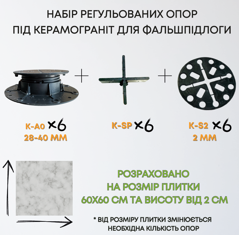 Комплект регульованих опор висотою 28-40мм на 1м2 керамограніту 60х60см, набір для створення фальшпідлоги 1м2