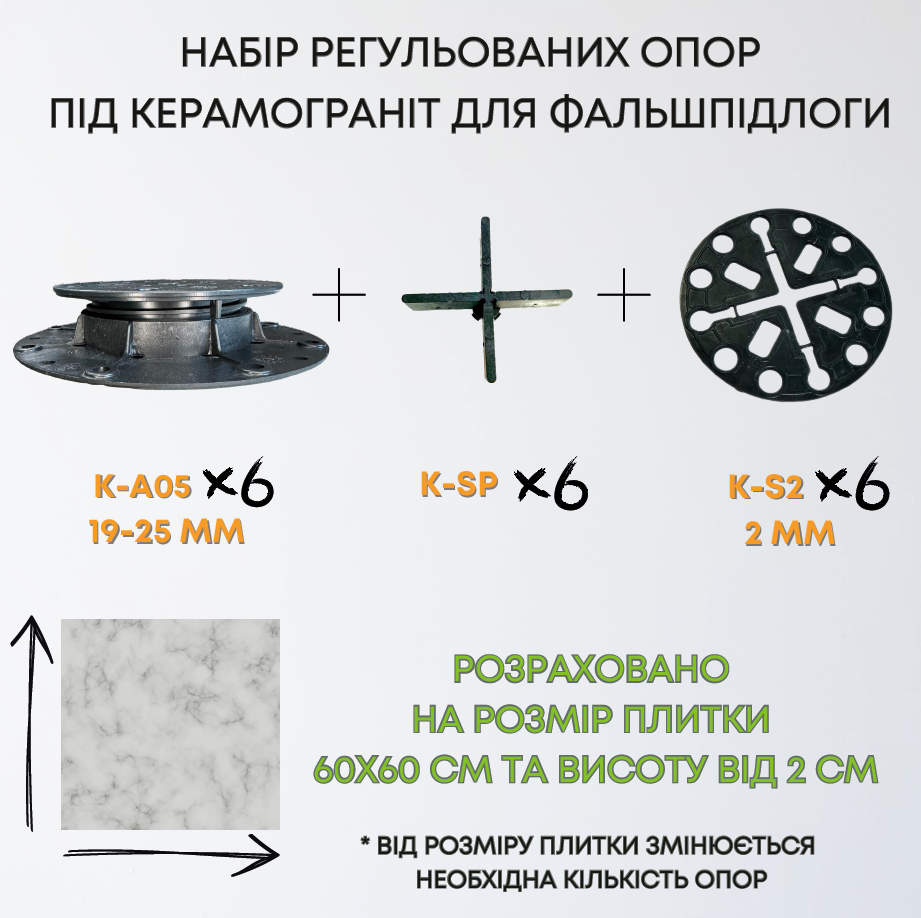 Комплект регульованих опор висотою 19-25мм на 1м2 керамограніту 60х60см, набір для створення фальшпідлоги 1м2