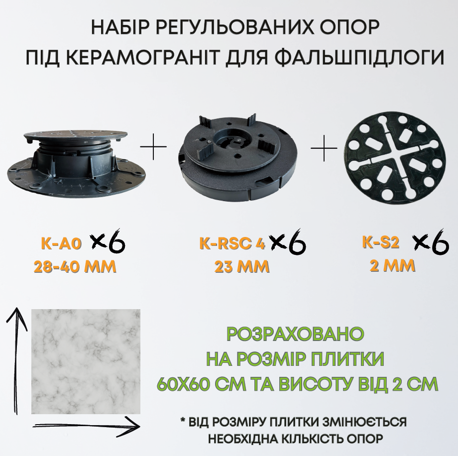 Комплект регульованих опор висотою 51-63мм на 1м2 керамограніту 60х60см, набір для створення фальшпідлоги 1м2, фото 1