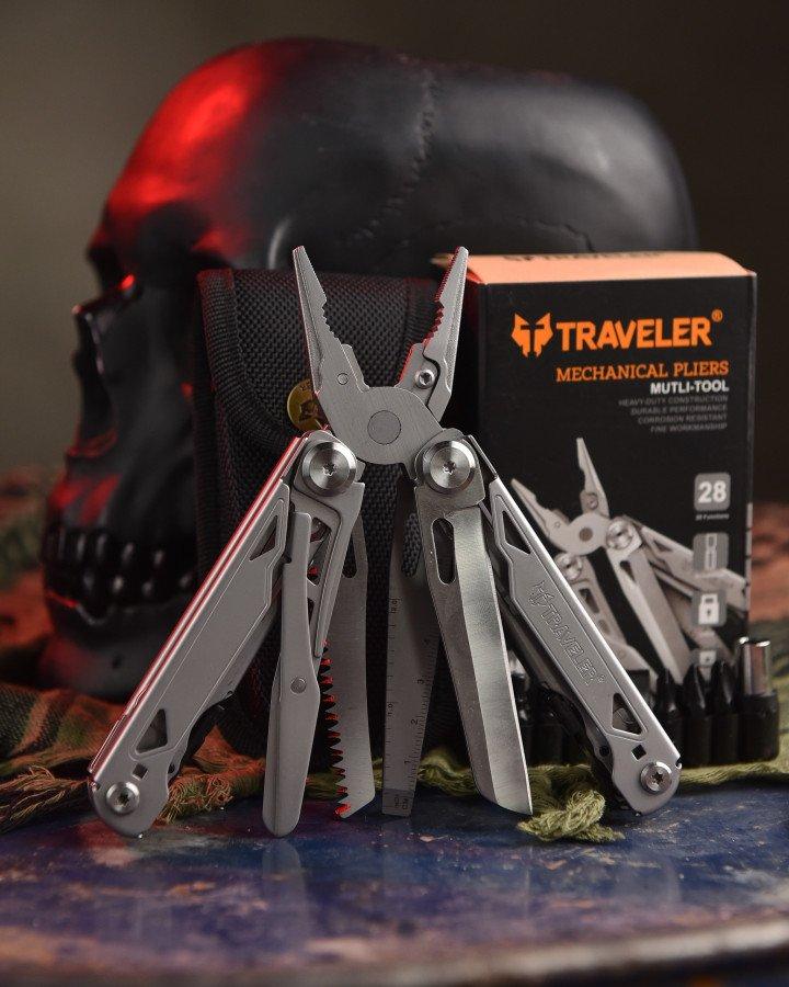 Мультитул 28 в 1 сталевий Traveler кишень компактний із набором біт ножиці кусачки пилу, фото 1