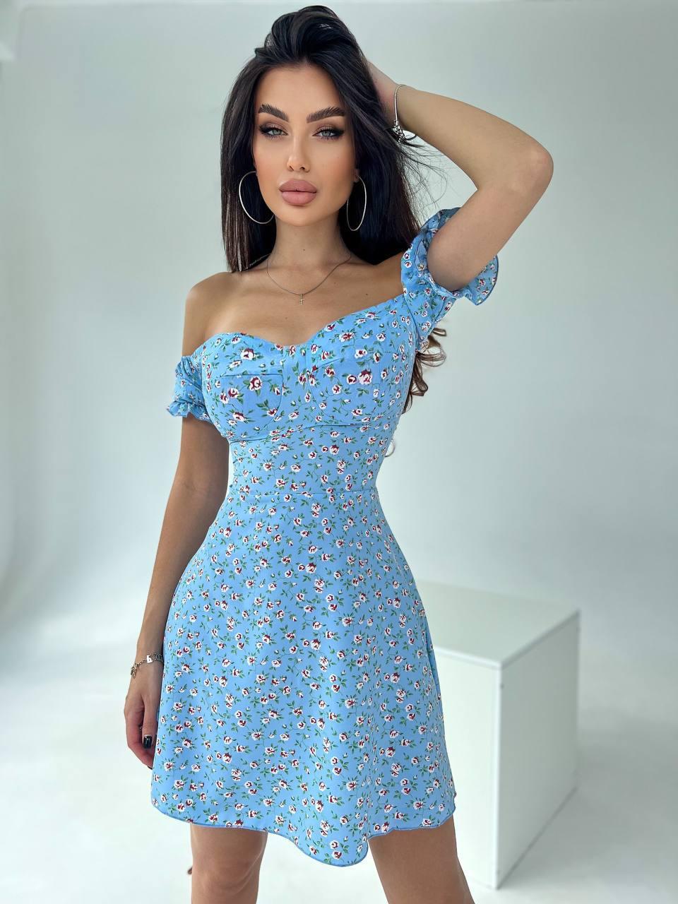 Жіноча літня сукня з імітацією чашок та шнурівкою на спині сарафан квітковий софт принт OS, фото 1