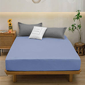 Захисне натяжне простирадло з бязі на гумці двоспальне (160*200*25) бавовняне однотонне блакитне, фото 1