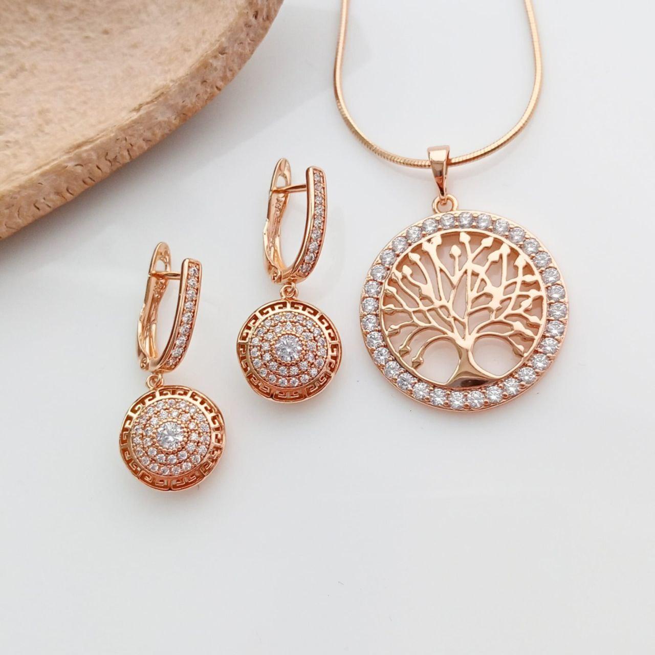Набір сережки версаче, ланцюжок снейк, кулон дерево життя медзолото, фото 1