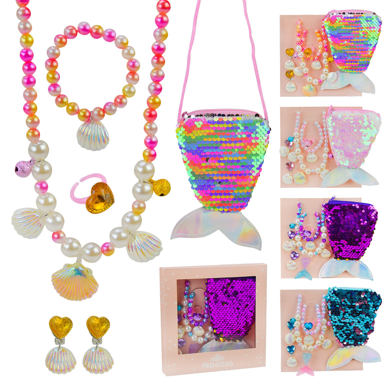 Набір аксесуарів для дівчаток B4330, 4 види, намисто, браслет, сумочка-русалочка, фото 1