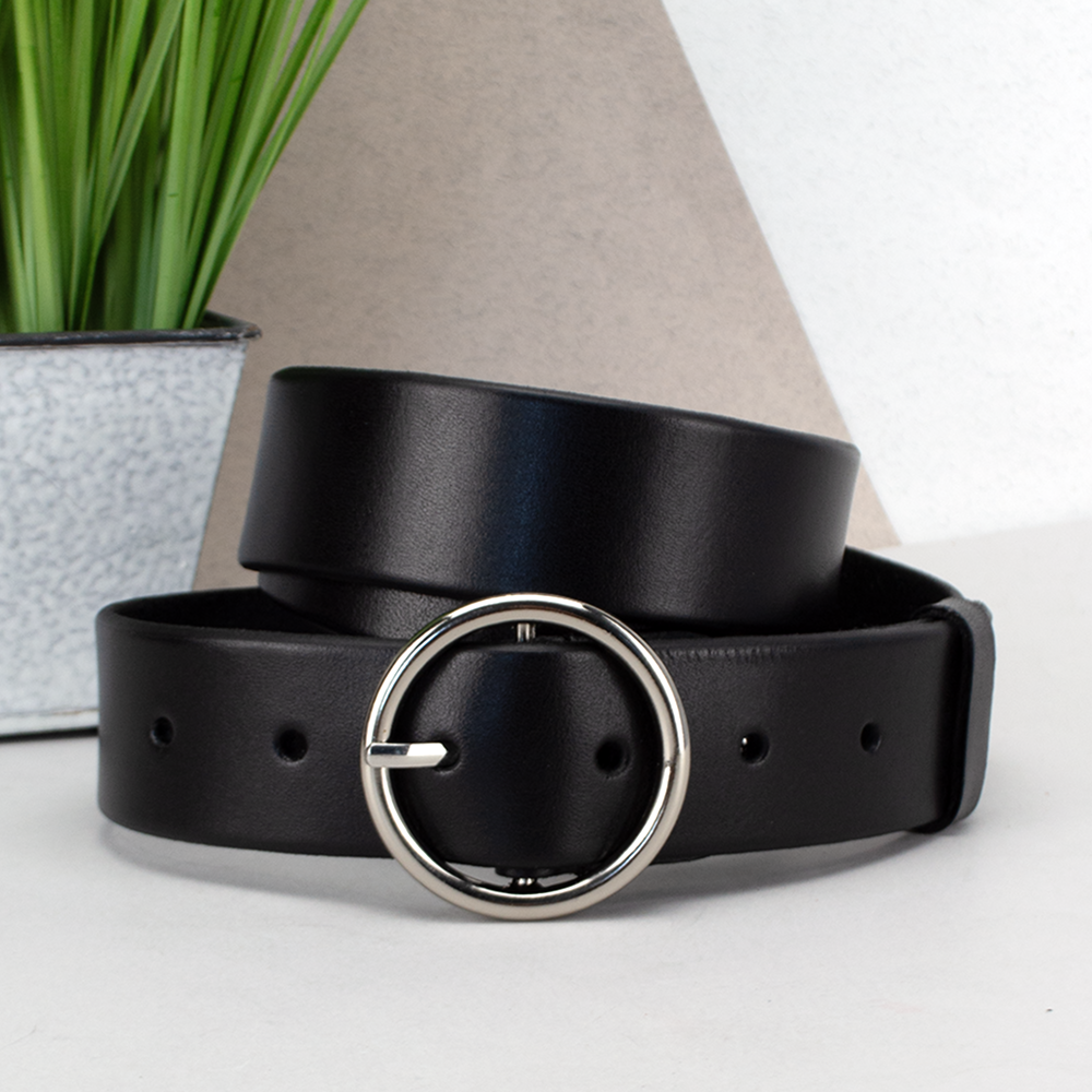 Ремінь жіночий шкіряний з круглою пряжкою JK-3542 чорний (125см) Black