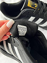 Кросівки Adidas Superstar Black White Чоловічі Жіночі Адідас Суперстар чорно-білі шкіра демісезон, фото 6