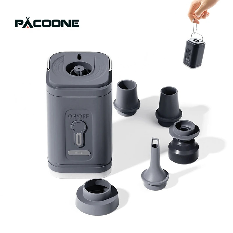 Портативний акумуляторний насос для туристичних килимків подушок м'ячів Pacoone з ліхтариком та 5 насадок Gray, фото 1