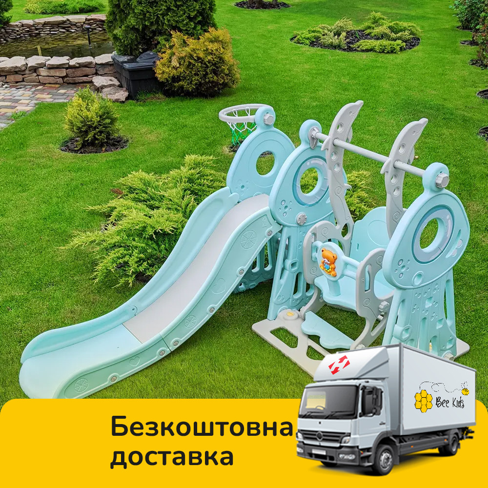 Гірка з гойдалкою Bambi WM19011-5 та баскетбольним кільцем | Гірка з гойдалкою Ведмедик музика та світло Сіро-м'ятна, фото 1