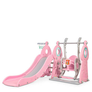 Гірка з гойдалкою Bambi WM19011-8 та баскетбольним кільцем | Гірка з гойдалкою Ведмедик та світло Рожева