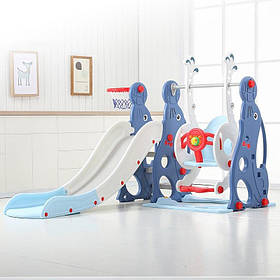 Гірка з гойдалкою Bambi WM19020-4 та баскетбольним кільцем | музика та світло Біло-синя  Гірка з гойдалкою