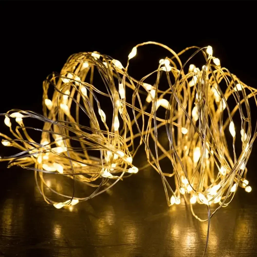 Гірлянда роса 100 Led 10 м на батарейках теплий жовтий колір на батарейках 3 шт АА