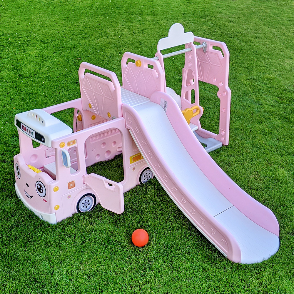 Гірка з гойдалкою Будиночок автобус Bambi WM19090-8 | Гірка з качелями Рожевий