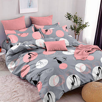 Простирадло 150х220 (Бязь) | Полуторне простирадло від виробника "Королева Ночі" | Коти на сірому та рожевому