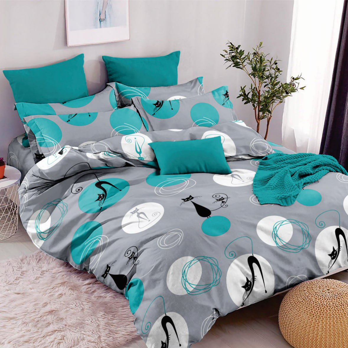 Простирадло 150х220 (Бязь) | Полуторне простирадло від виробника "Королева Ночі" | Коти на сірому та бірюзовому, фото 1
