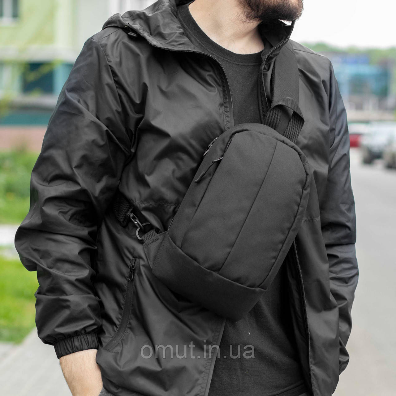 Чоловіча сумка-слінг нагрудна через плече чорна тканинна Rancor один лямковий рюкзак бананка, фото 1