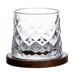 Склянка для віскі 300 мл з дерев'яною підставкою обертовий келих тумблер під віски дзига на подарунок Lugi