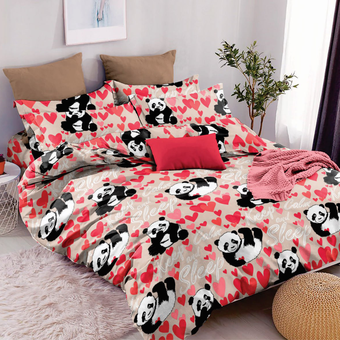 Наволочка на блискавці 50х70 (Бязь) | Від виробника "Королева Ночі" | Панди, серця на бежевому, фото 1