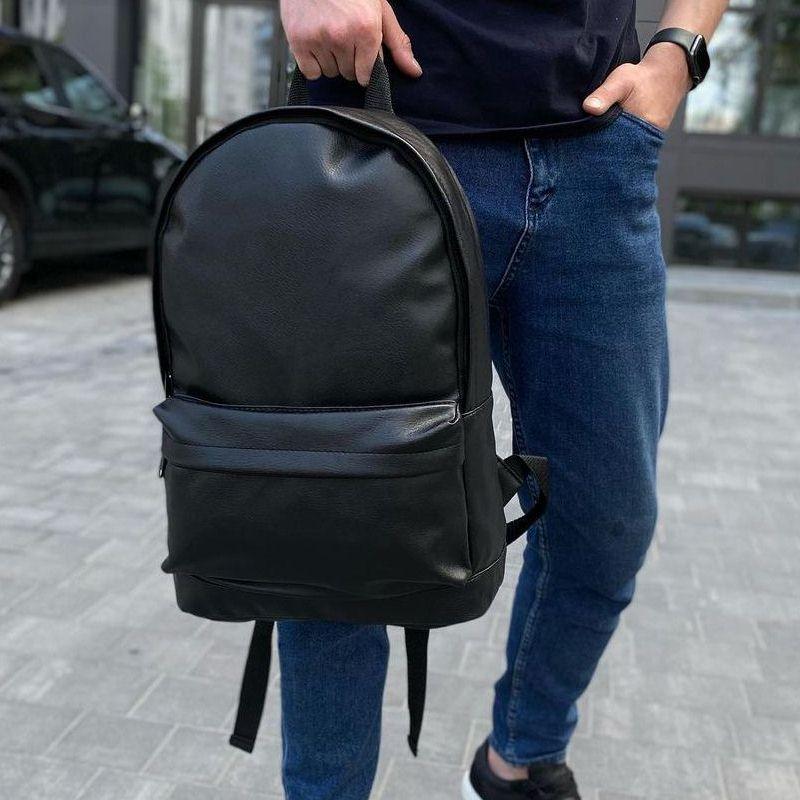 Рюкзак плечовий шкіряний чорний портфель з кишенею міський щільний повсякденний стильний молодіжний