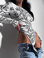 Женский боди белый с черными узорами с длинным рукавом из микродайвинга 42-44 46-48