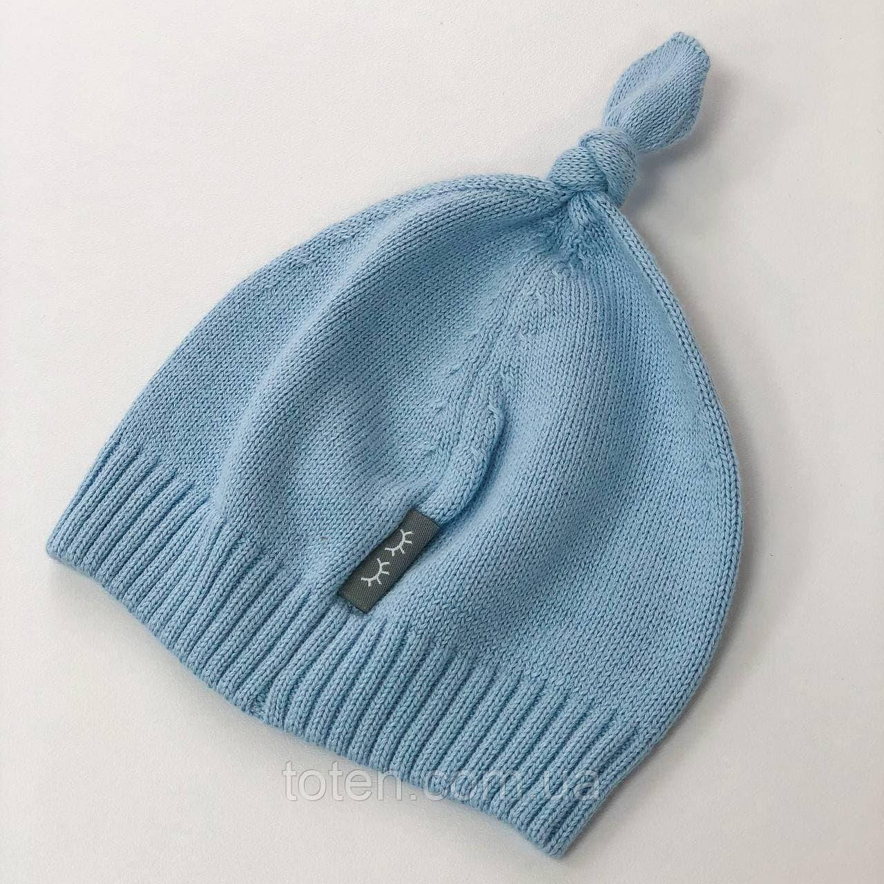 Шапочка в'язана з помпоном голубий топ, фото 1
