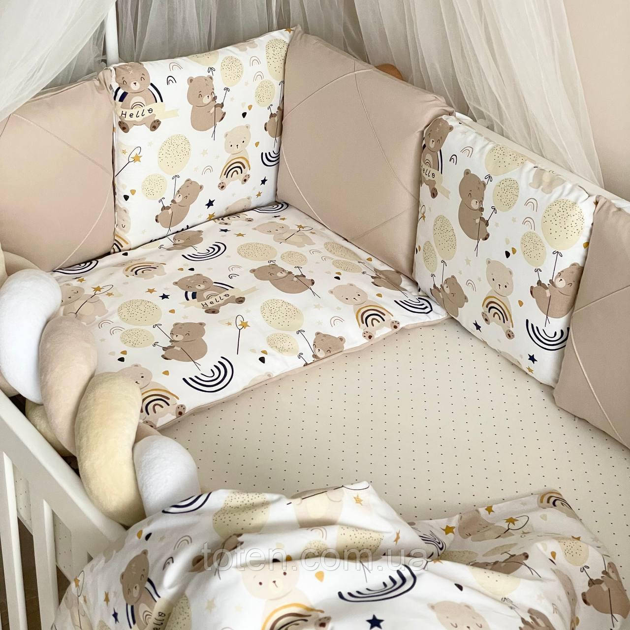 Комплект постільної білизни для новонародженого Happy night Ведмедик з кульками, колір бежевий топ, фото 1