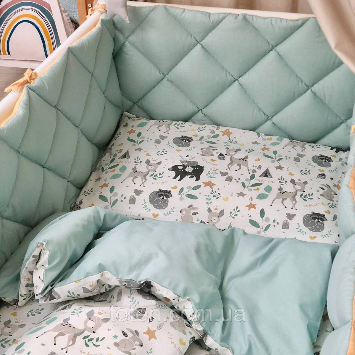Комплект постільної білизни для новонародженої дитини Baby Mix Bamby з друзями, колір м'ятний топ, фото 1