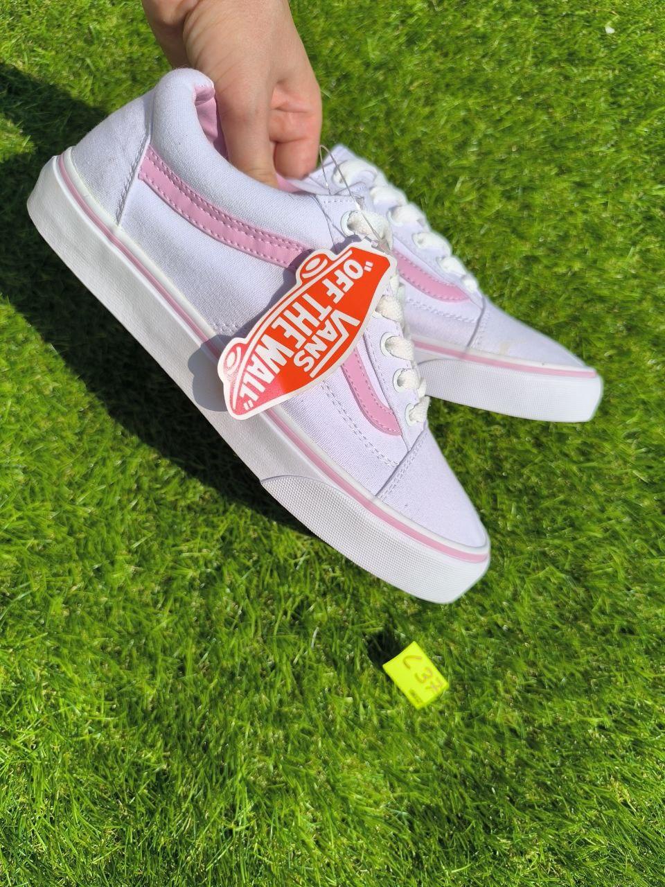 СКИДКА 39 р Білі тканинні кеди VANS white/Pink з рожевою смугою жіночі текстильні весна-літа