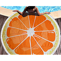 Килимок пляжне покривало мандарин підстилка мікрофібра махра кругле рушник 150 см з бахромою