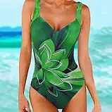 Закритий купальник з чашками в зеленому кольорі з малюнком на широкий бретелях, фото 3