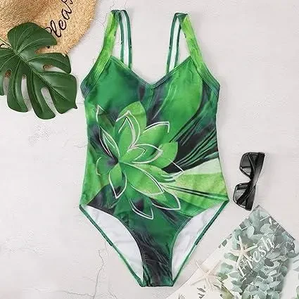 Закритий купальник з чашками в зеленому кольорі з малюнком на широкий бретелях, фото 1