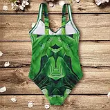 Закритий купальник з чашками в зеленому кольорі з малюнком на широкий бретелях, фото 8