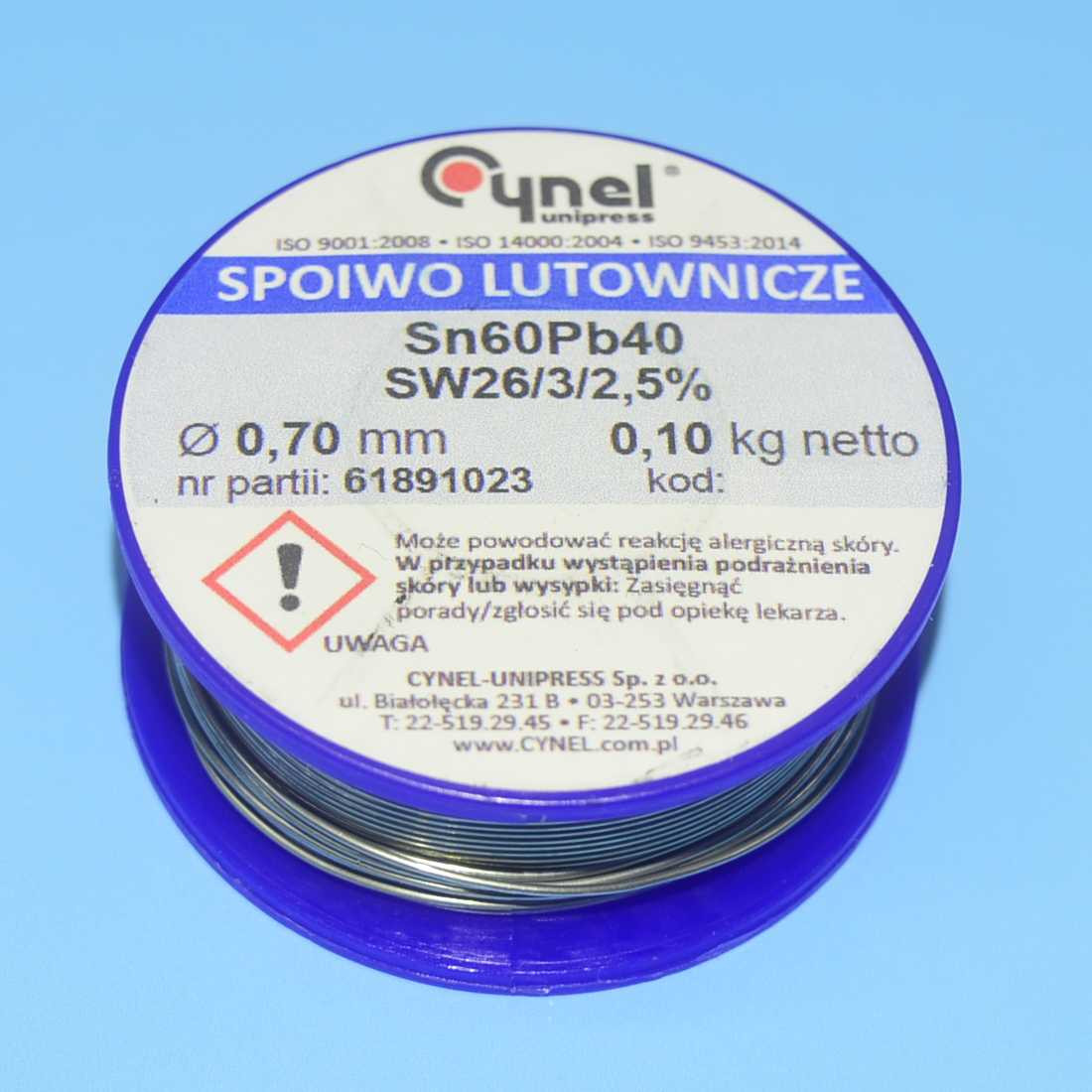 Припій з флюсом Cynel d0.70мм Sn60Pb40 бухта-0.10кг LUT0105-100, фото 1