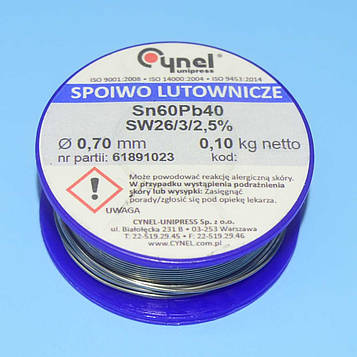 Припій з флюсом Cynel d0.70мм Sn60Pb40 бухта-0.10кг LUT0105-100
