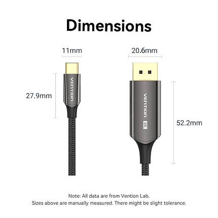 Кабель Type-C-DisplayPort v1.4 Vention Cotton 8K 60Hz 4K 144Hz 0.5m Black (CRFBD), фото 2