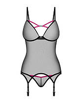 Корсет Obsessive Novenes corset & thong, XS/S, прозорий, відкрита спина, стрінги у комплекті, фото 3
