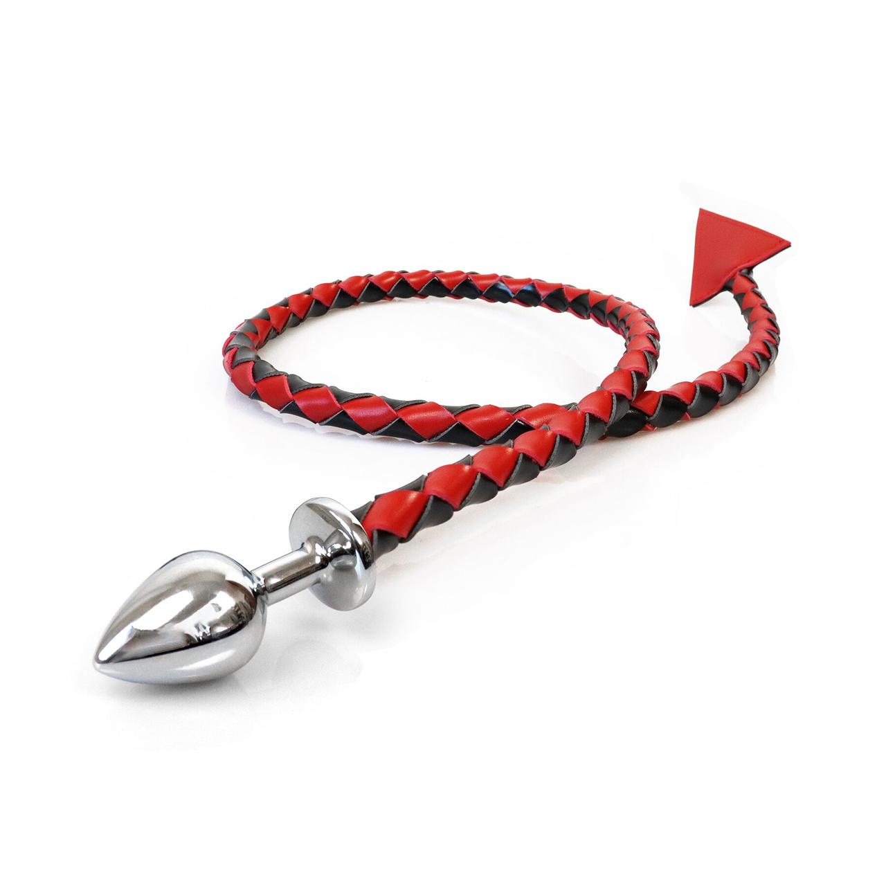 Металевий анальний корок S з диявольським хвостом Art of Sex — Succubus, екошкіра, чорний/червоний, фото 1