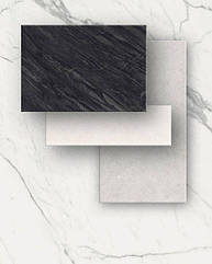 Идеальное сочетание крупноформатного керамогранита под камень Berici Grigio, Berici Bianco, Bahia Black с плитой под белый мрамор Marble Statuario для кухонных фартуков, кухонных столешниц, столов и т д. Матовые поверхности 1600x3200x6.