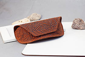 Футляр для окулярів шкіряний рудо-коричневий з орнаментом Карпати | очешник шкіра