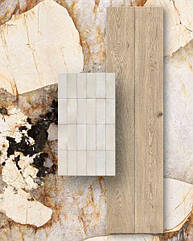 Комбинация разных фактур и размеров для стильного дизайна в холле или ванной комнате. Маленький размер плитки для стен CROGIOLO RICE с керамогранитом большого размера 324X162 PATAGONIA идеально подходит к плитке для пола Vivo с сучками и трещинам.