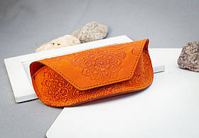 Футляр для окулярів шкіряний помаранчевий з орнаментом Квітучий сад | очешник шкіра