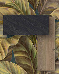 Стильный дизайн плитки и керамогранита для спальни, гостиной и санузла. Мы поможем Вам выбрать и купить плитку для стен с эффектом обоев FOLIAGE в сочетании с керамогранитом под мрамор BAHIA BLACK и напольным кафелем с явной структурой дерева Vivo.