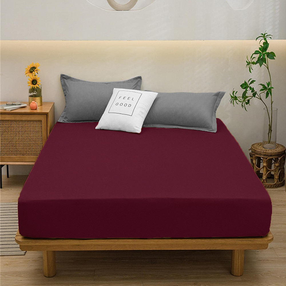 Бордове натяжне простирадло бязь на гумці двоспальне (140*200*25) однотонне щільне бавовняне